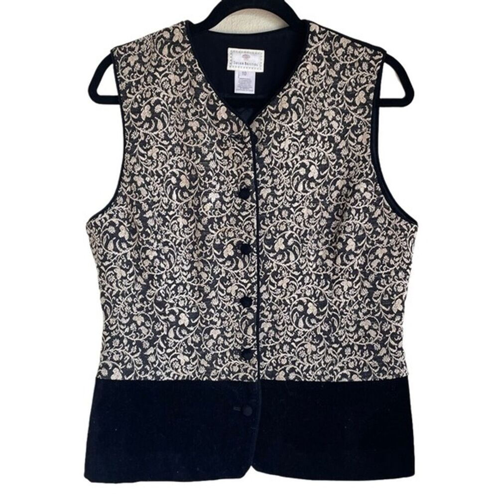 VTG Susan Bristol Velvet Vest Womens Sz 10 Floral Textured Black & Cream